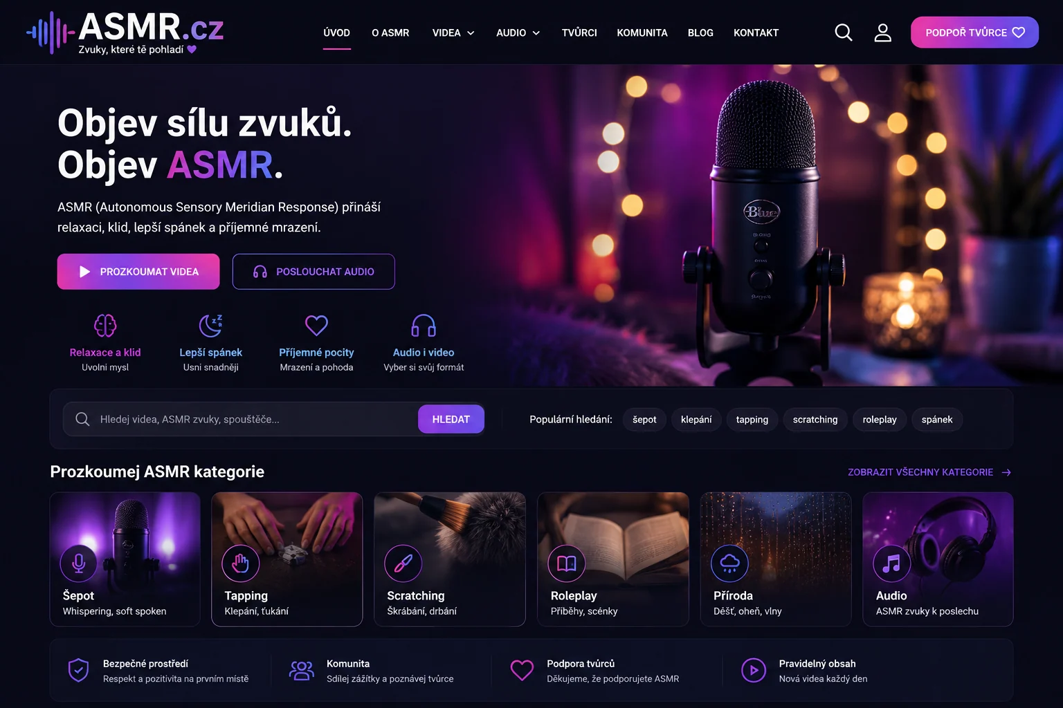 Vizuální návrh možného projektu ASMR.cz zaměřeného na ASMR audio, video, relaxační obsah a komunitu