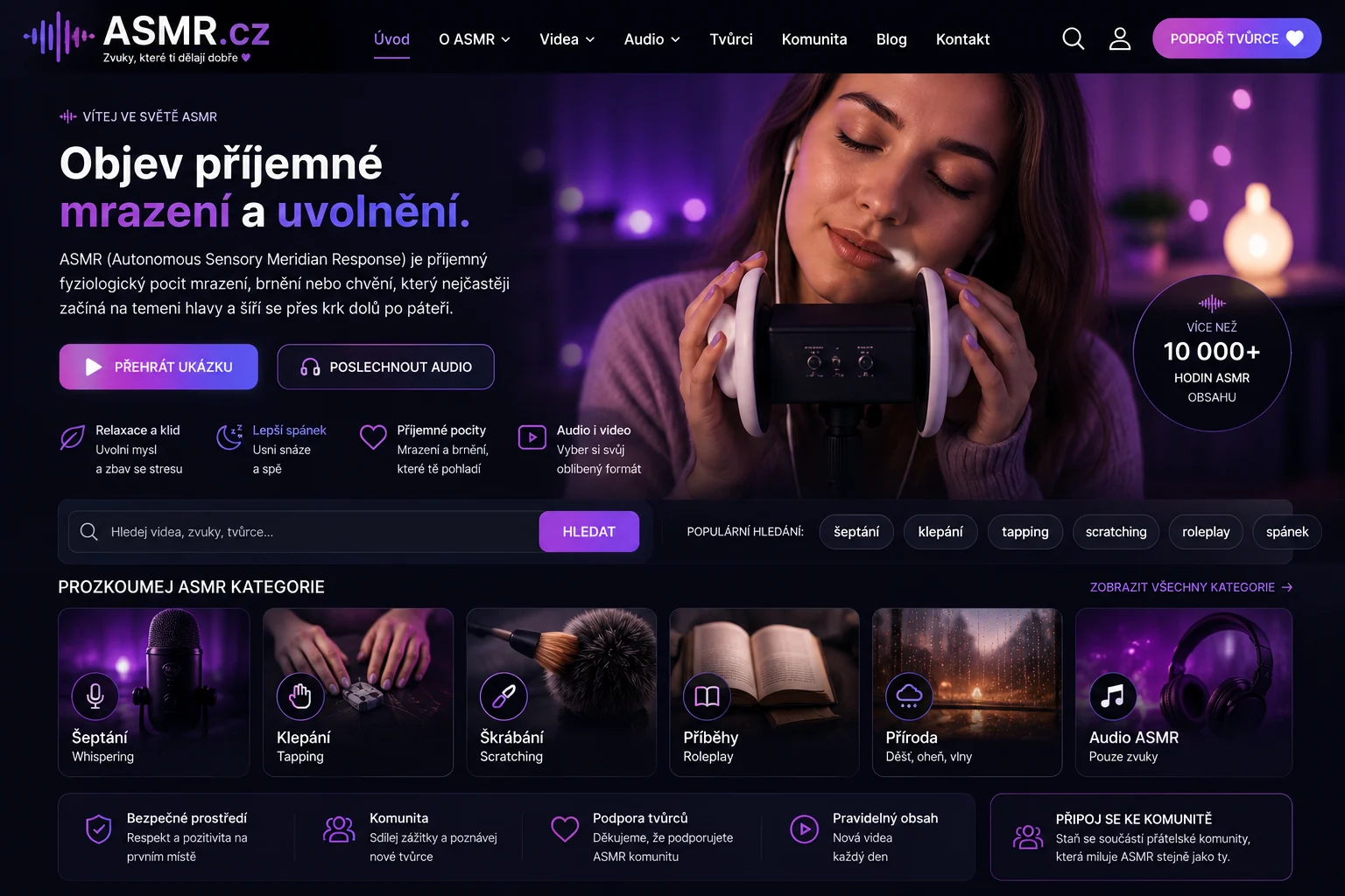 Vizuální návrh možného projektu ASMR.cz zaměřeného na ASMR audio, video, relaxační obsah a komunitu